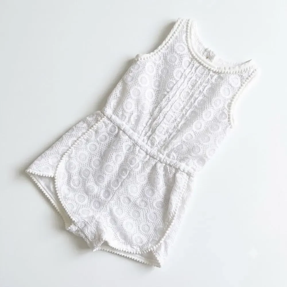Genuine Kids OshKosh Lace Pom Trim Romper White Dolphin Hem Baby Girls 18M